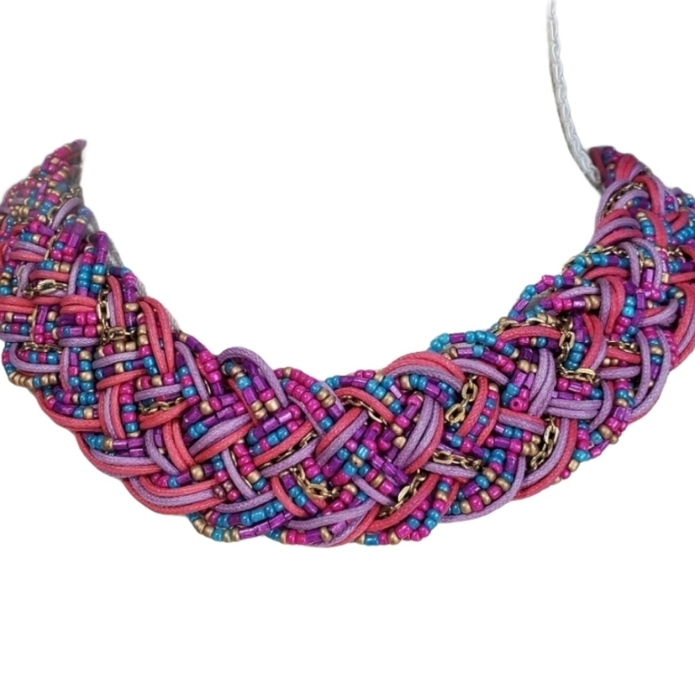 BRAIDED Choker necklace pink purple blue beads 16" *